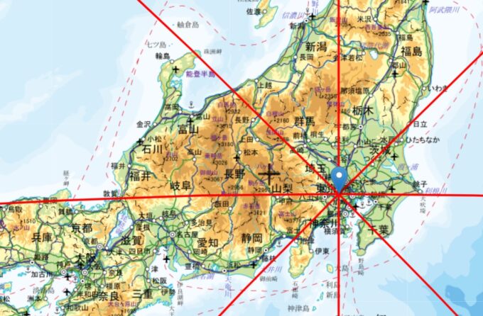 都内から見た北と北西を示した日本地図