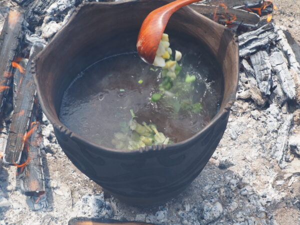 縄文土器に山菜を入れる